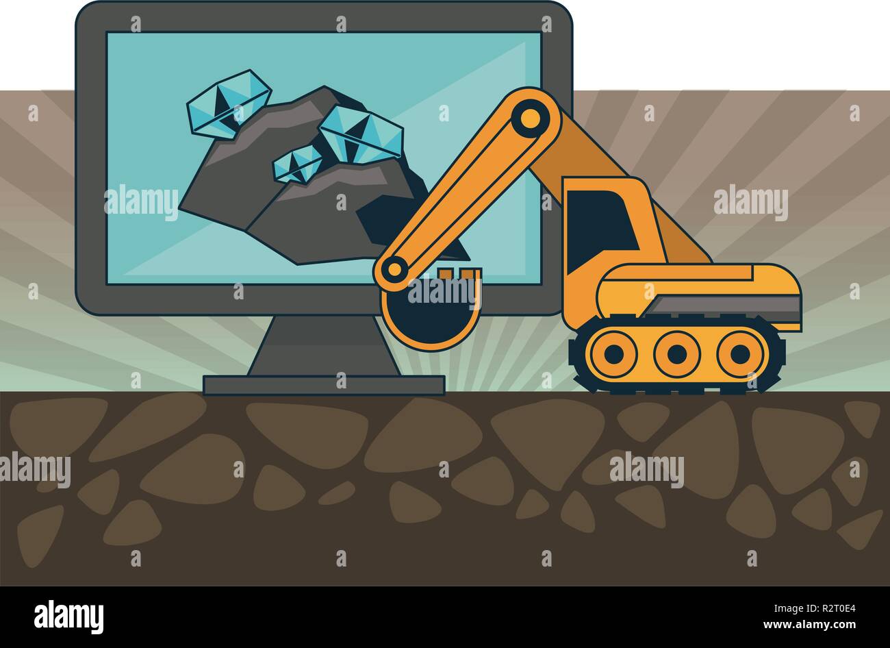 Bitcoin Mining And Investment Computer With Mine Backhoe And Diamond - 